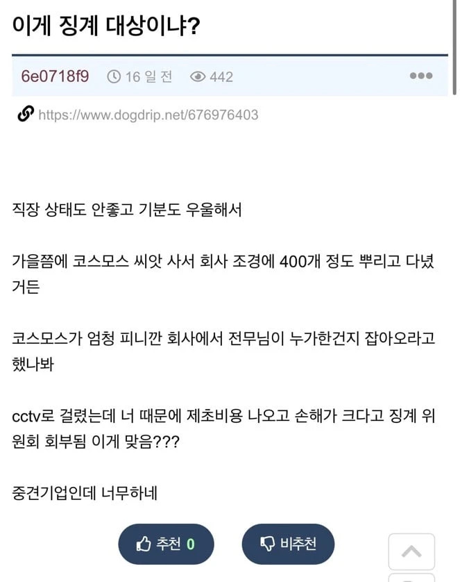 회사에 몰래 코스모스 씨 뿌렸는데 징계 대상이야?